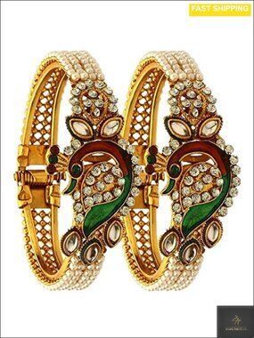 Gold Tone Faux Pearl Peacock Cuff Bangle Bracelet Set of 2